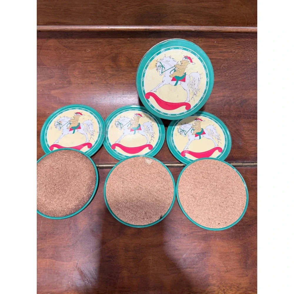 Vintage 90s Christmas Teddy Bear Rocking Horse Metal Coasters with Tin Set of 6